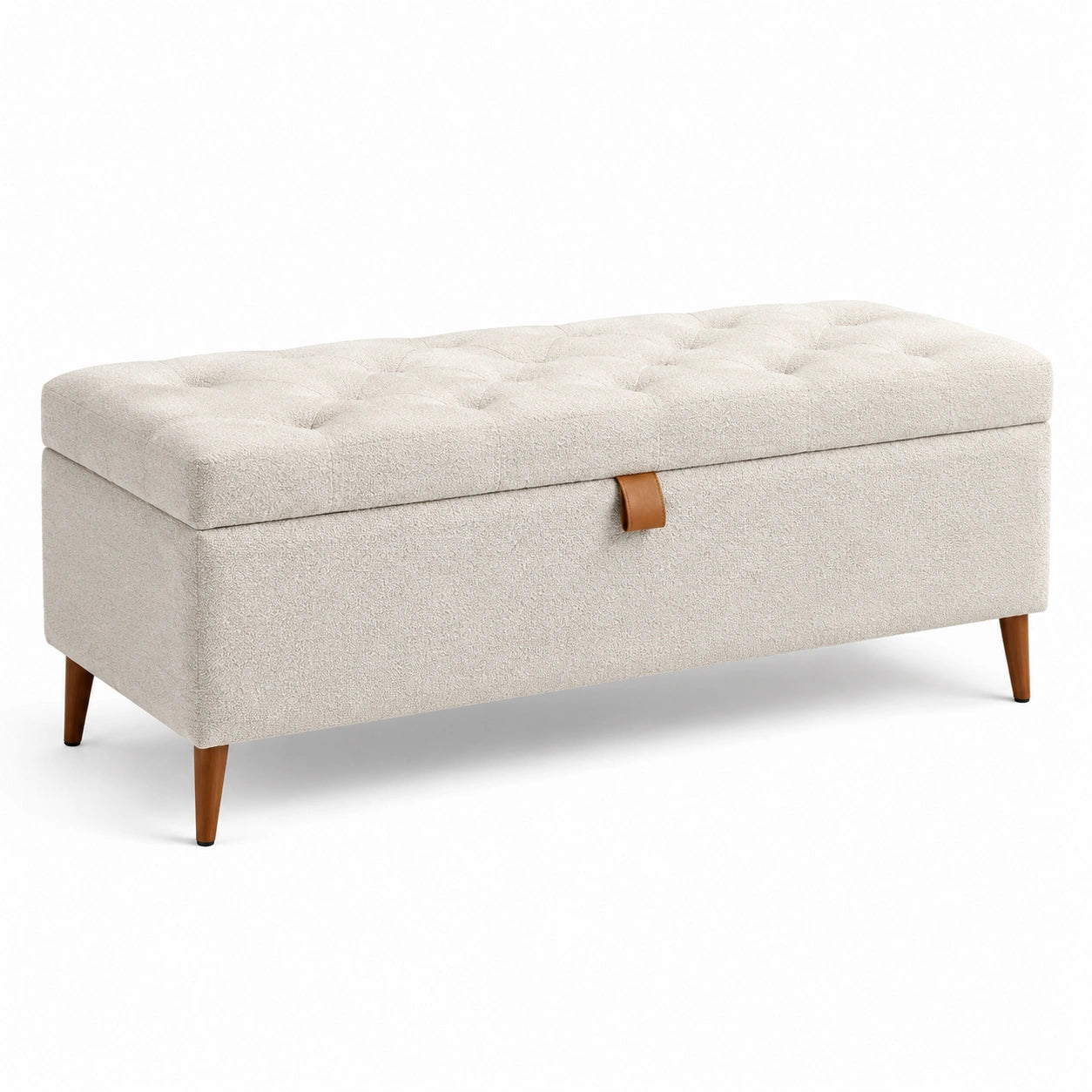 Rechteckige Aufbewahrungsbank aus Polyester mit Holzbeinen Beige