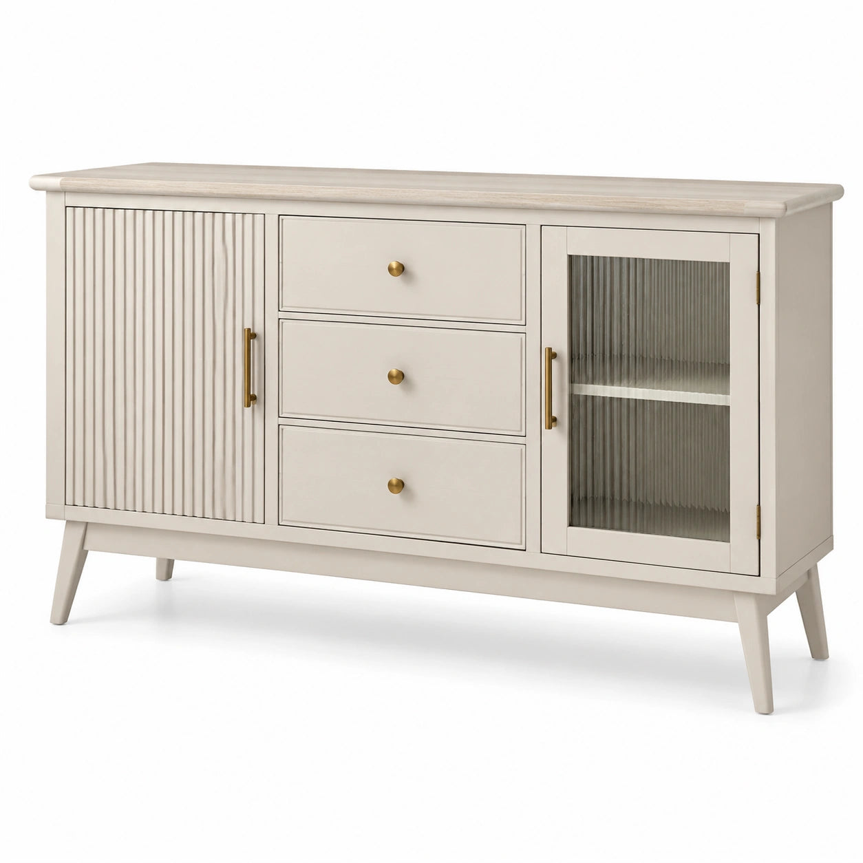 Sideboard aus Massivholz Beige mit gehärtetem Glastür und Schubladen 150x40x85cm