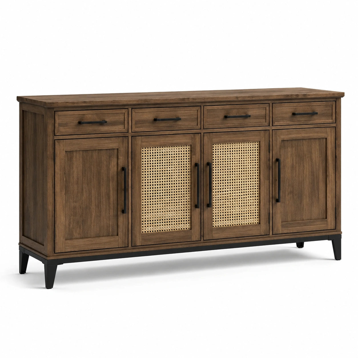 Sideboard aus Massivholz mit Rattangeflecht, 4 Türen und 4 Schubladen, 180x40x85 cm