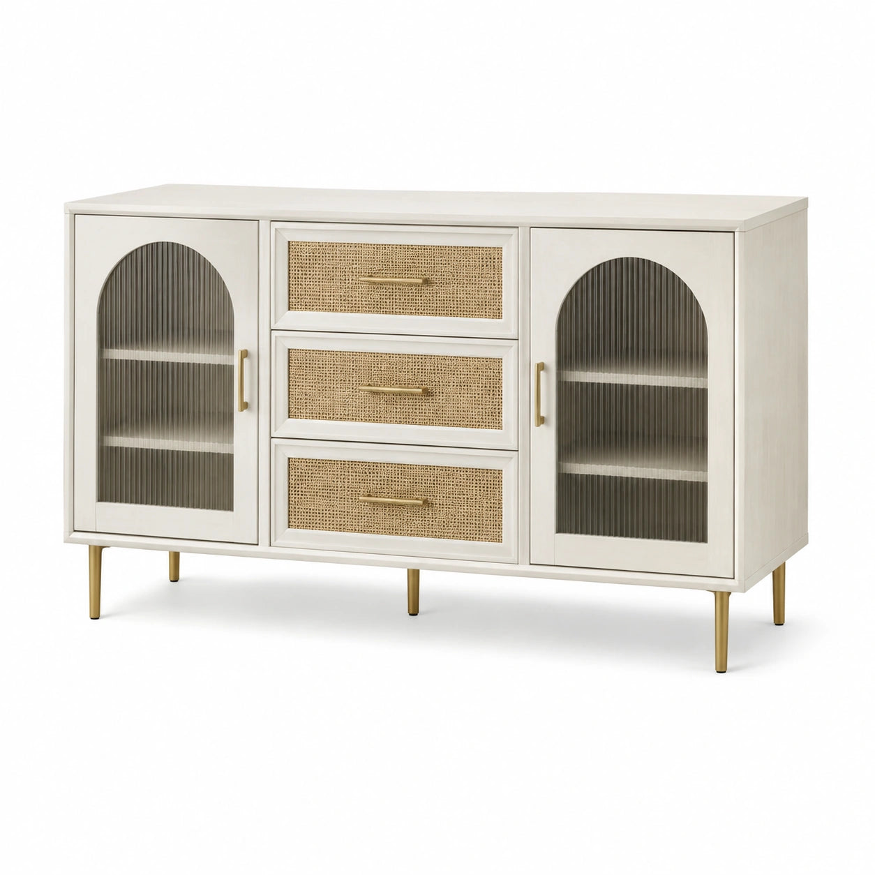 Sideboard aus Holz mit Rattan-Einsätzen und Metallbeinen, 153 cm, Weiß