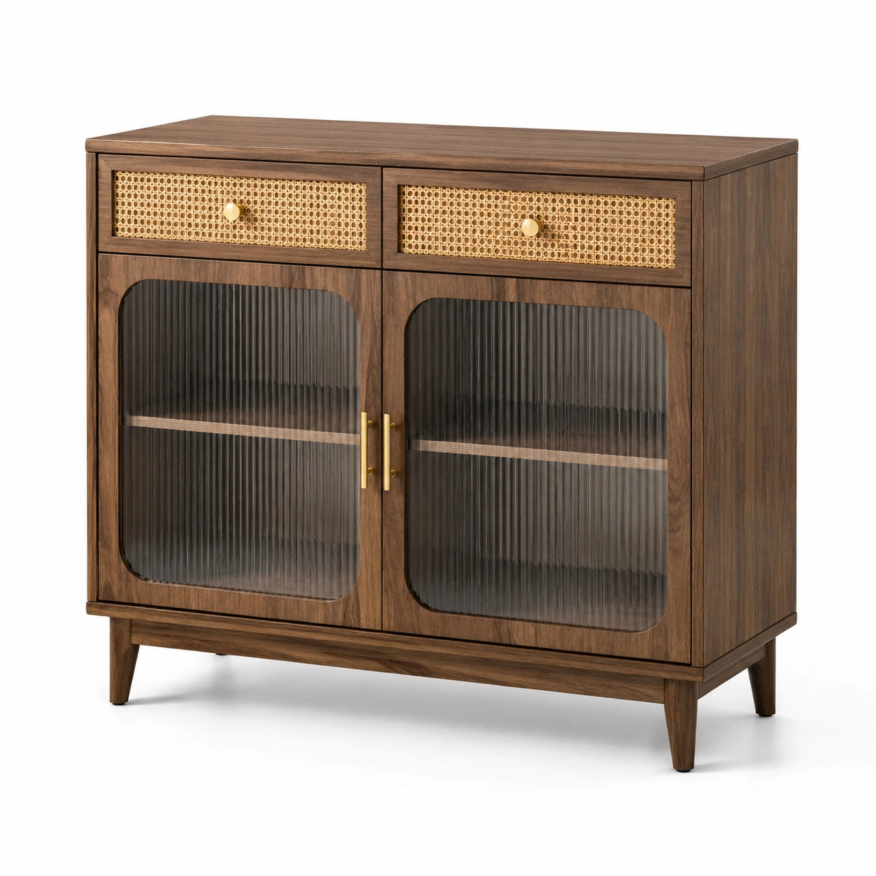 Walnuss Sideboard mit Glas- und Rattan-Details