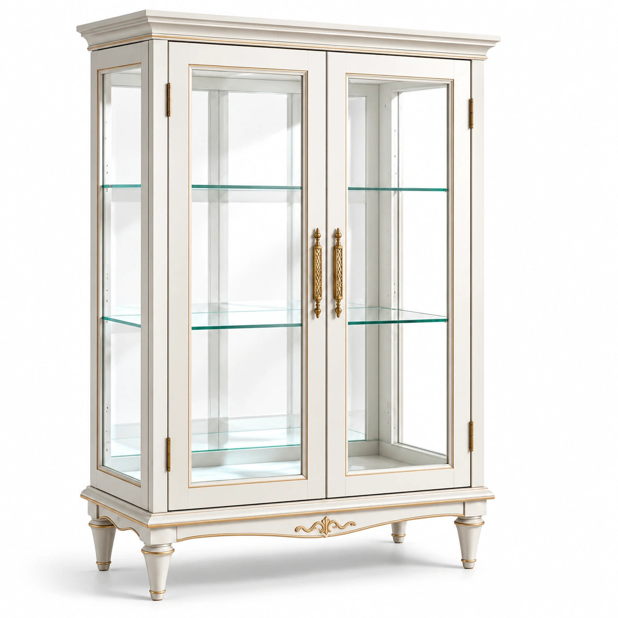Vitrine aus Massivholz mit gehärtetem Glas 160 cm Hoch Weiß Gold