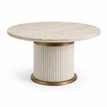 Runder Esstisch aus Travertin und Metallfuß, Beige/Gold, Ø 120 cm
