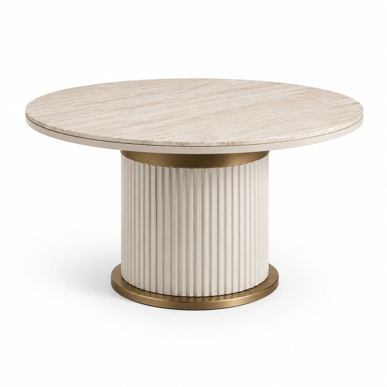 Runder Esstisch aus Travertin und Metallfuß, Beige/Gold, Ø 120 cm
