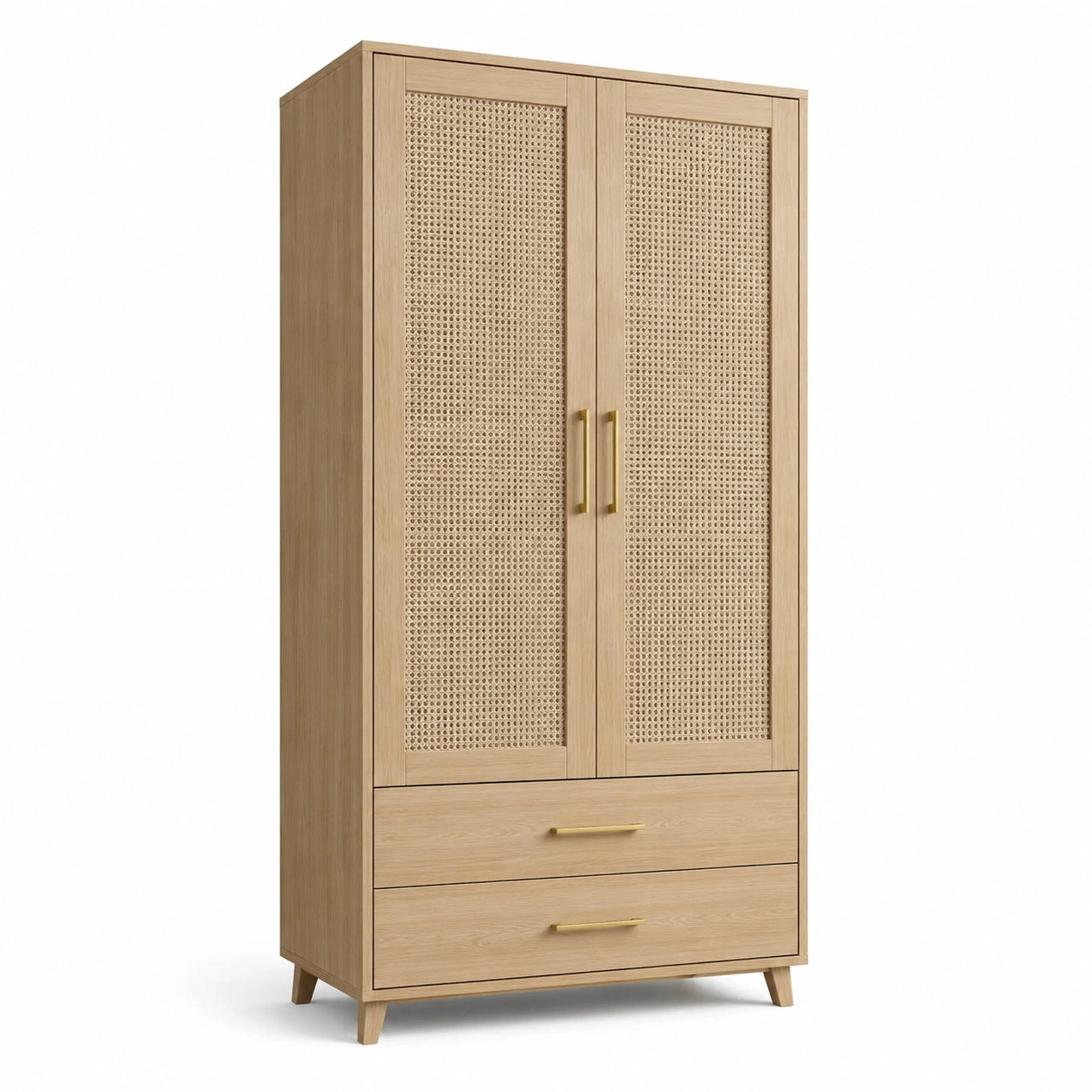 Kleiderschrank aus Holz mit Rattanfront, 2 Türen, 2 Schubladen, 200x90x60 cm