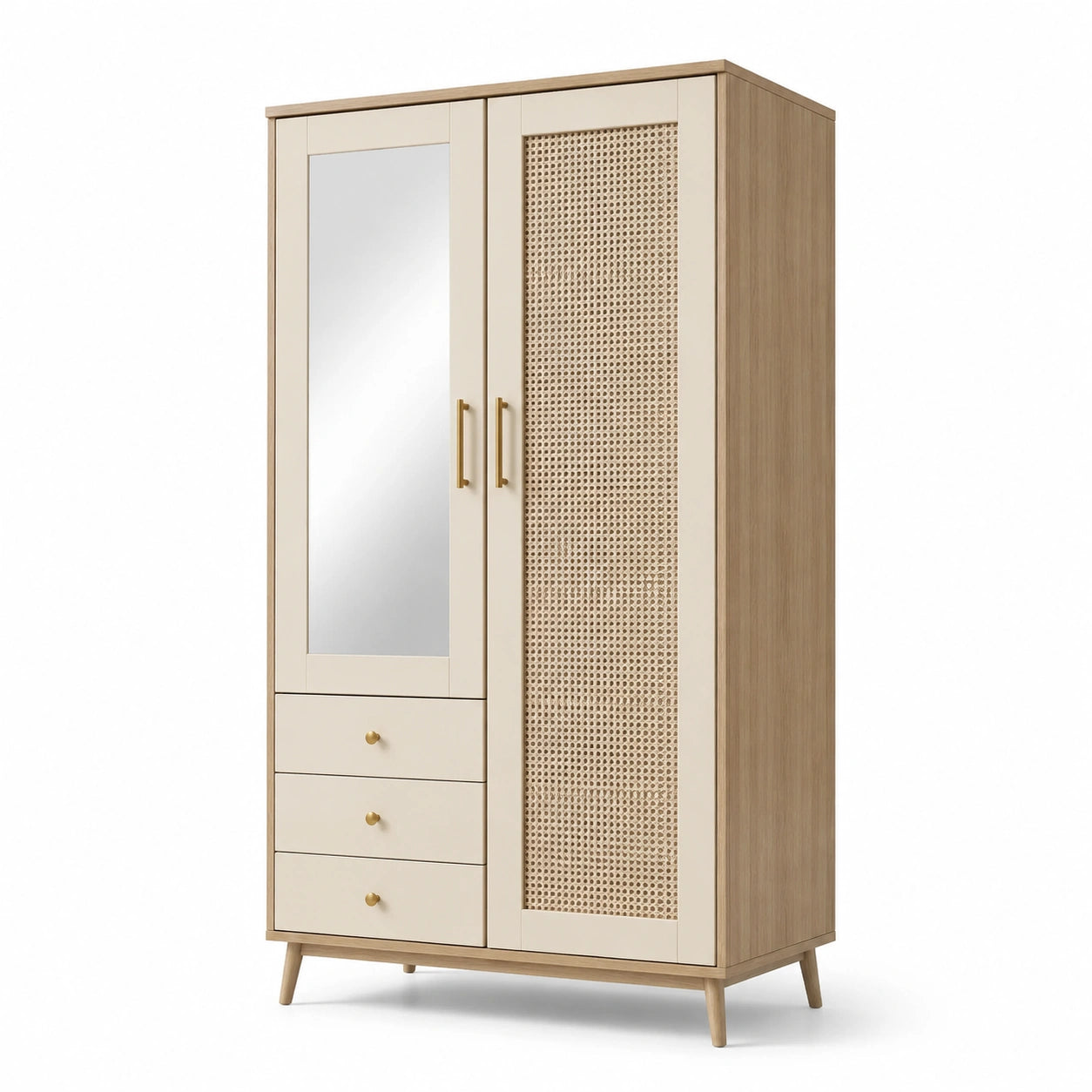Holz Kleiderschrank mit Spiegel und Rattan Beige 120x60x200cm