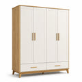 Kleiderschrank 4 Türen 2 Schubladen aus MDF und Eichenfurnier, Weiß und Eiche, 200 cm