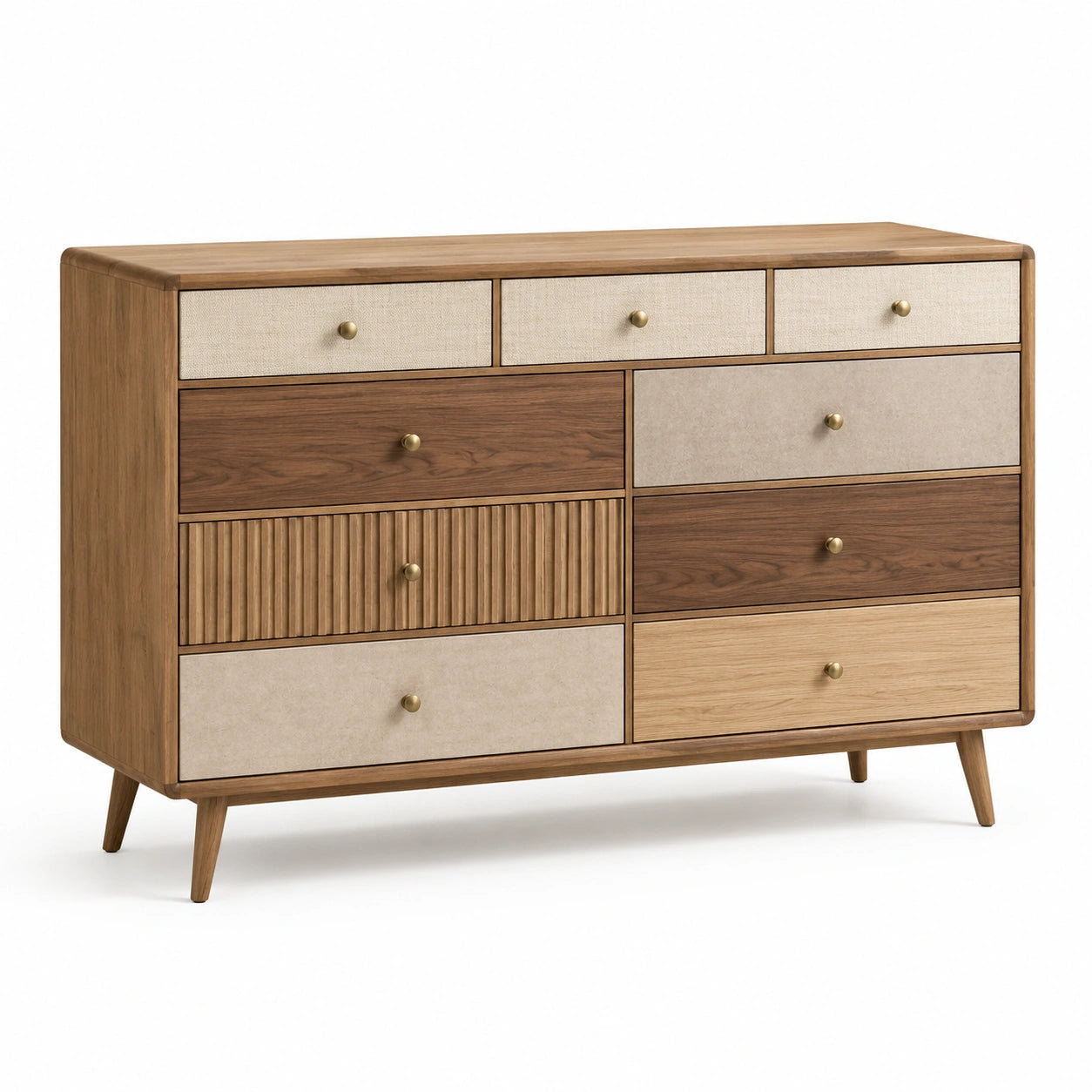 Mehrfarbige Kommode mit 9 Schubladen aus MDF und Eichenfurnier