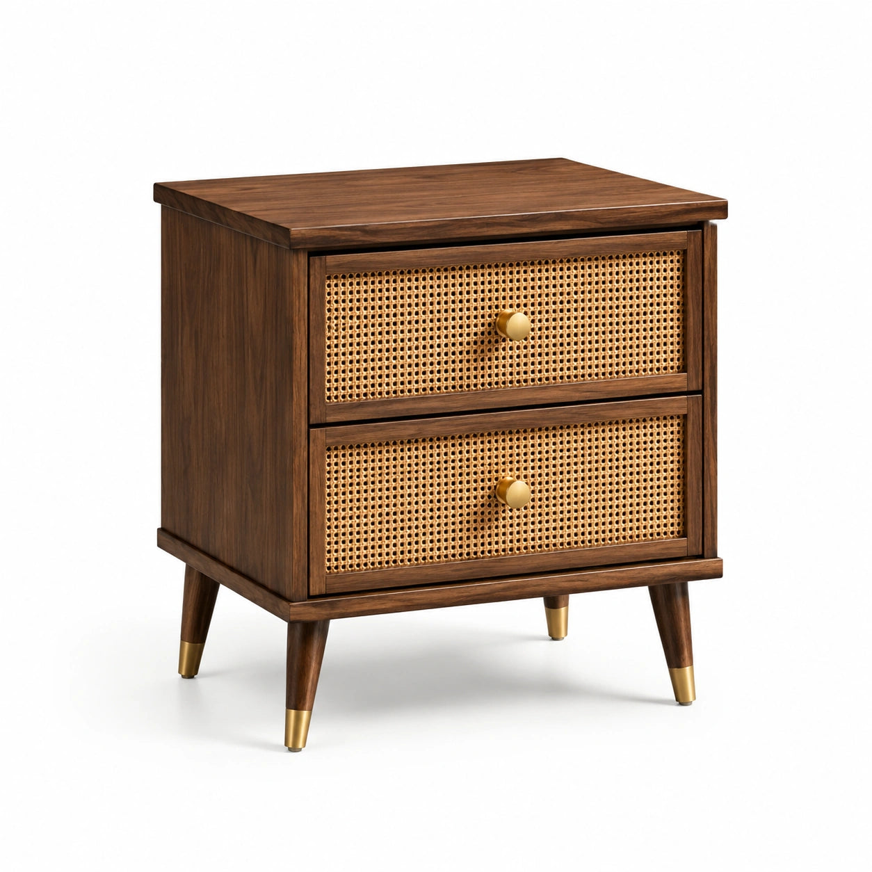 Holz Nachttisch mit 2 Schubladen und Rattan Akzenten, Braun