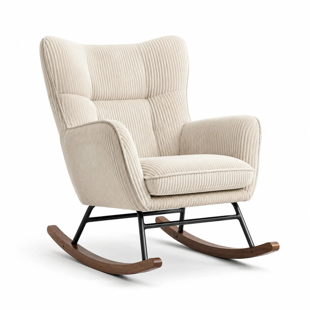 Schaukelstuhl aus Cord, Holz und Metall in Creme