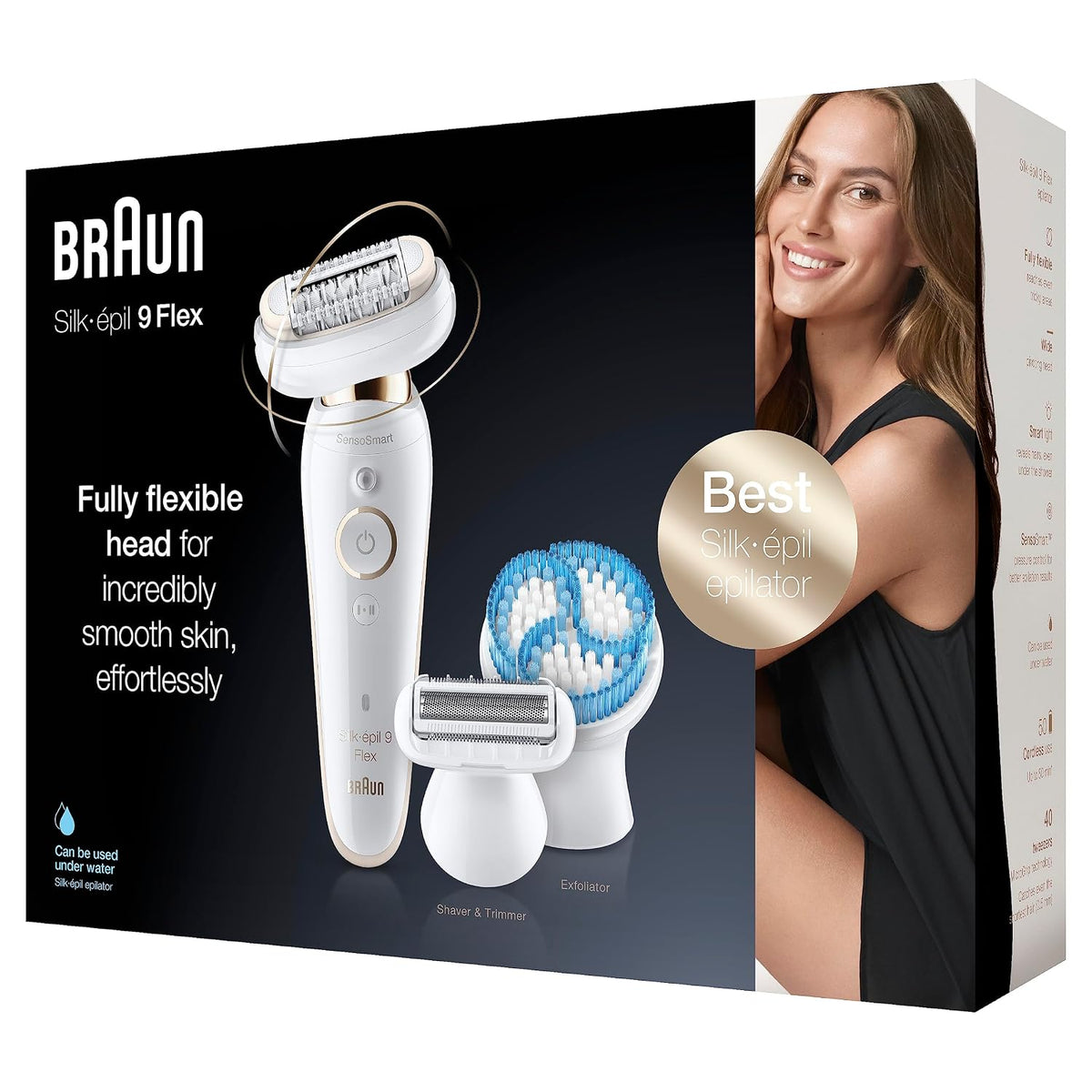 Braun Epiliergeräte & Zubehör, Braun/Weiß/Gold, Silk-épil 9 Flex Epilierer Damen / Haarentferner, inkl. Rasieraufsatz und Tiefenpeeling-Bürste