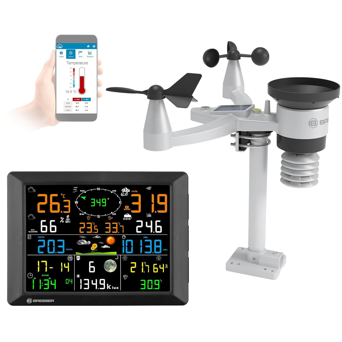 Bresser Wetterstationen, Schwarz, Wetterstation 1, 5km Reichweite, WLAN, 7-in-1 Außensensor, Solar, Wind, Regen