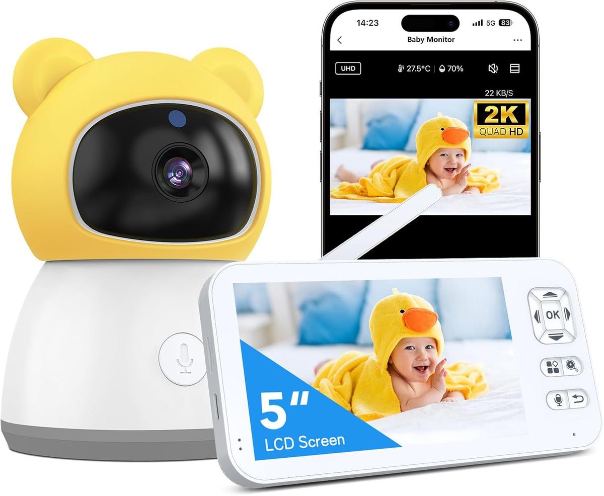 Bvavo Kamera, 5 Zoll, Schwarz, Babyphone mit und Audio, 2K HD Smart Video Baby WiFi Bildschirm Nachtsicht