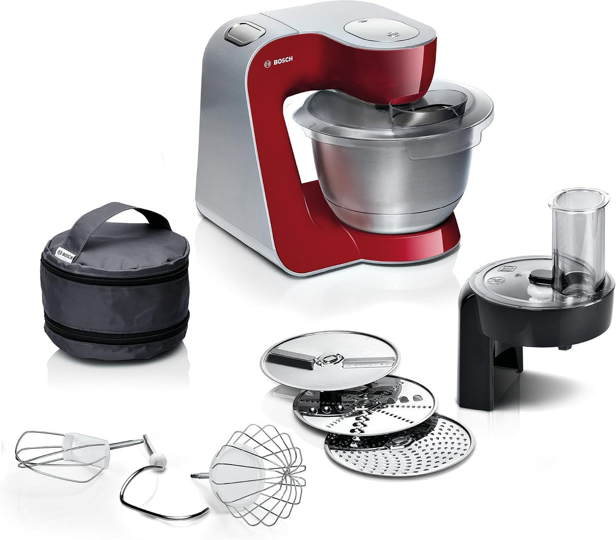 Bosch Universalküchenmaschinen, 1000 W, Silber/Rot, Küchenmaschine Serie 4, Edelstahl-Schüssel spülmaschinenfest