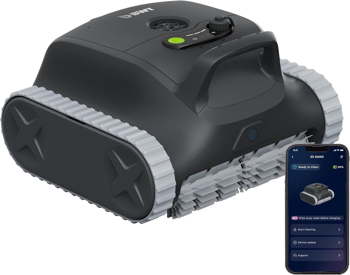 BWT Poolroboter, Schwarz, (2026 Upgrade) ES Nano Boden und Wand, Wasserlinienreinigung, Leichter Poolsauger mit Akku