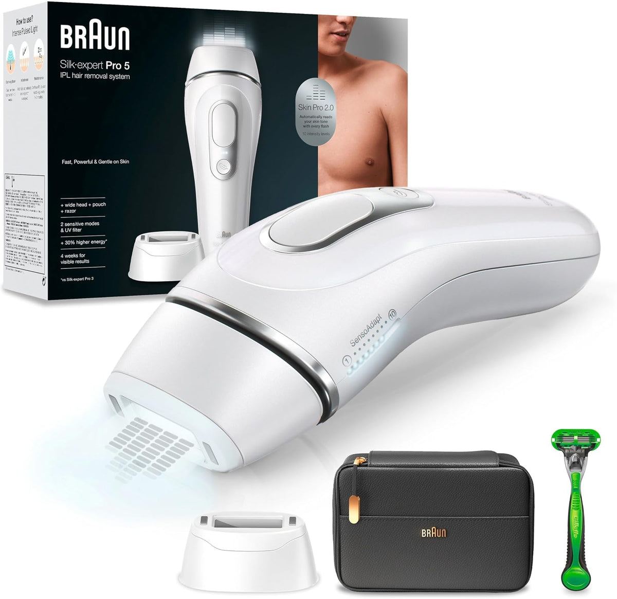 Braun Systeme, Braun/Weiß/Silber, IPL Silk Expert Pro 5 Haarentfernungsgerät Herren, 2 Aufsätze, sichtbare Haarentfernung