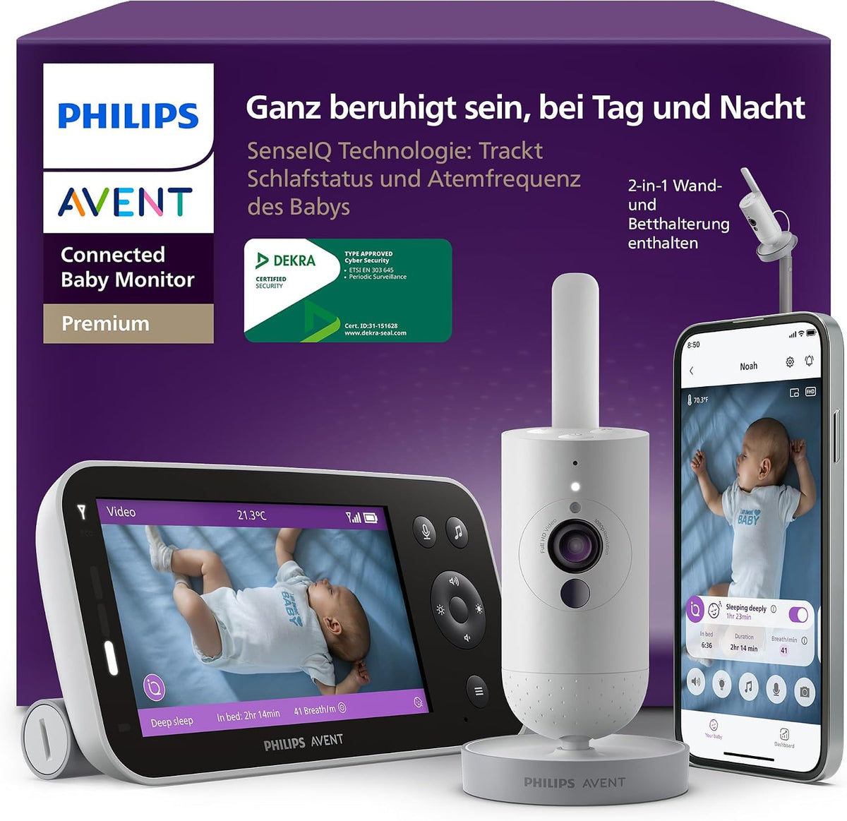 AVENT Kamera, Schwarz, Philips Premium Connected Babyphone mit, Schlaf- und Atmungs-Tracking mit KI, Schrei-Interpretation
