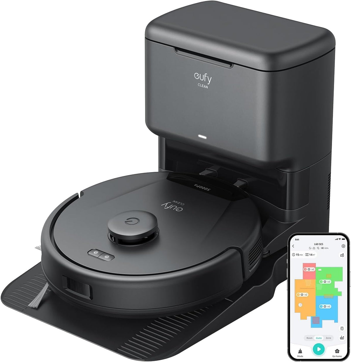 Amazon Renewed Saugroboter, Schwarz, eufy L60 mit Absaugstation, Ultra Starke 5.000Pa Saugkraft, Anti-Haar-Verwicklung