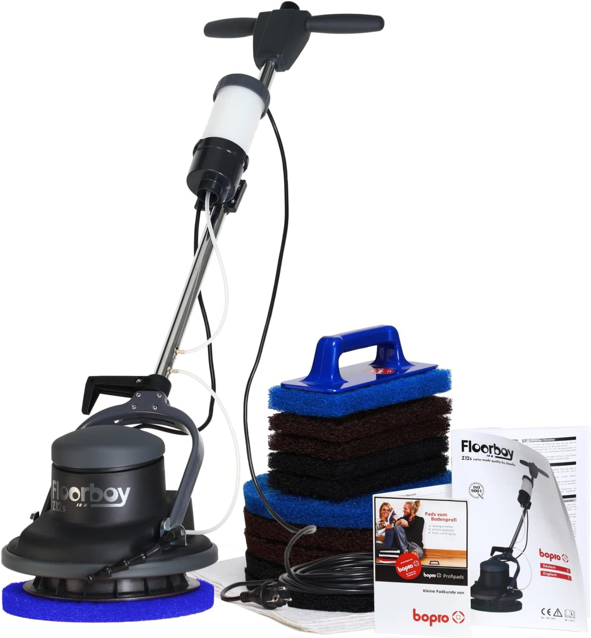 bopro Reinigungssets, 12 Zoll, Schwarz, Floorboy® Reinigungsset mit Einscheiben Reinigungs- und, Pads und Treibteller