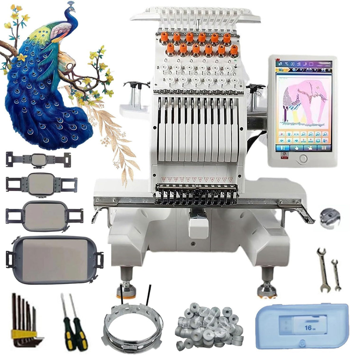 12 Stickmaschinen, 25,4 cm, Schwarz, Nadel-Stickmaschine mit Touchscreen für Stoffdekoration