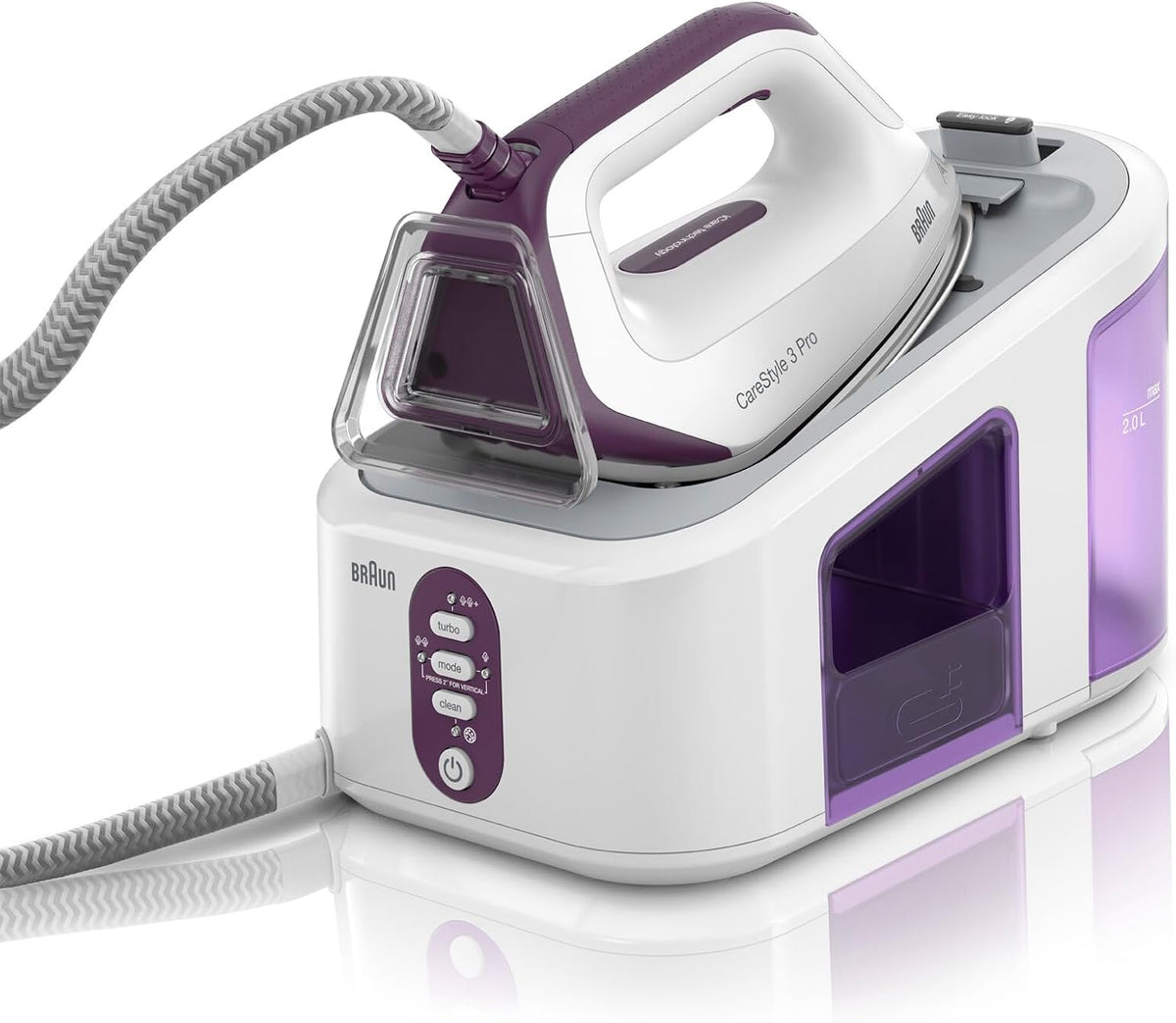 Braun Dampfglätter, 6,5 bar, 2 l, Braun/Violett, CareStyle 3 Pro IS 3155 VI Dampfbügelstation -, 2400 Watt, Pumpendruck