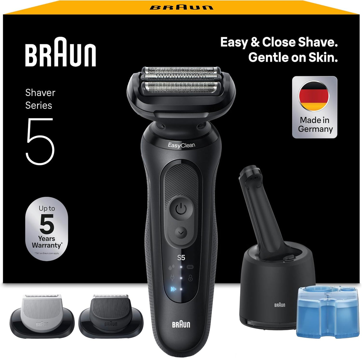 Braun Elektrorasierer, Braun/Schwarz, Rasierer Herren Elektrisch Series 5, 52-N7650cc, Schwarz, Kabelloser, Barttrimmer mit 50 Min. Akku