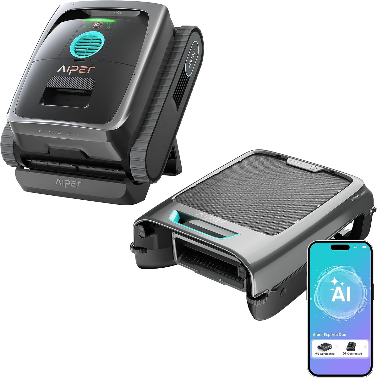 AIPER Poolroboter, Grau, (2026) Experten Duo: Scuba V3 & EcoSurfer S2, 360° Reinigung von oben nach unten, automatische Wartung 7 Tage