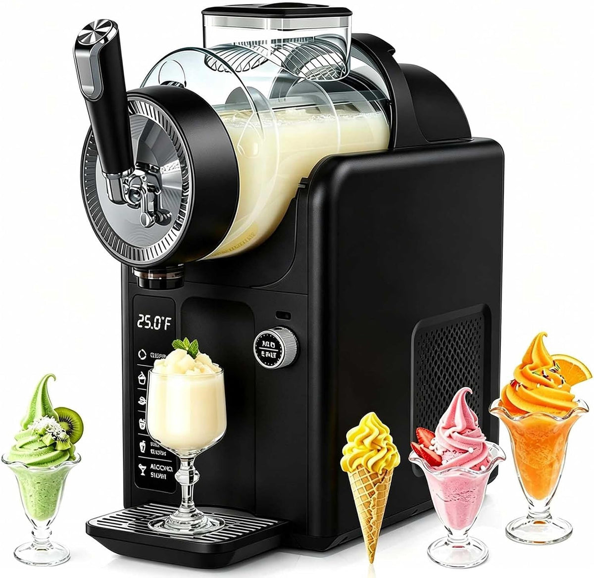 aromaoveite Eismaschine, 2l, Schwarz, Soft, & Slush Maschine Mit 5 Programmen: Softeis, Slushie, Frappé Uvm, Fassungsvolumen Automatische Reinigung