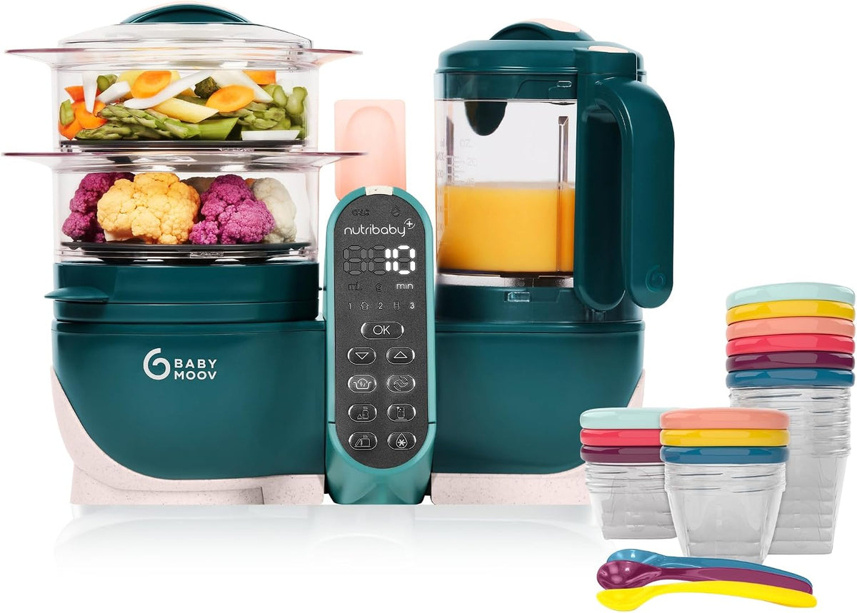 Babymoov Gefrierschrank, Grün, Set Nutribaby Plus Opal Green - Babynahrungszubereiter, 2200ml Fassungsvermögen + Babybols Aufbewahrungsbehälter