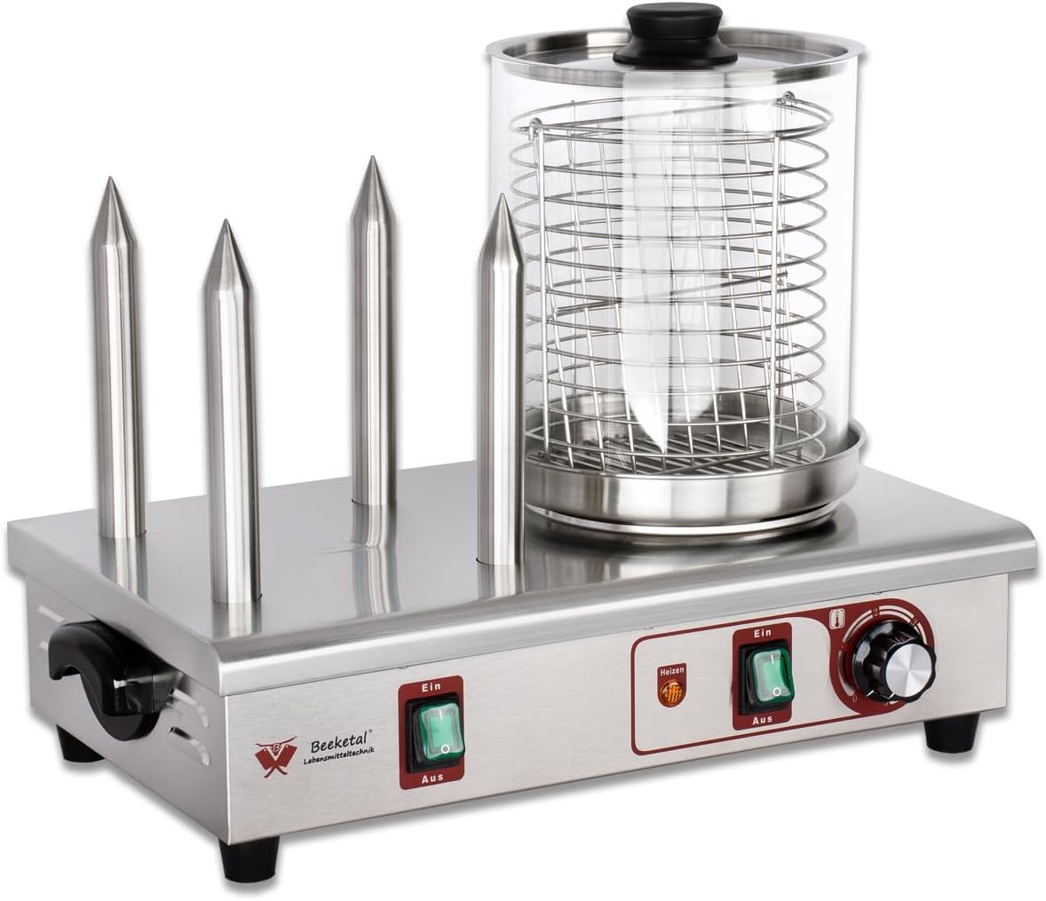 Beeketal Speisenwärmer, 170 mm, Silber, 'BHG07' XL Profi Gastro Hot Dog Maker mit 4 Heizspießen