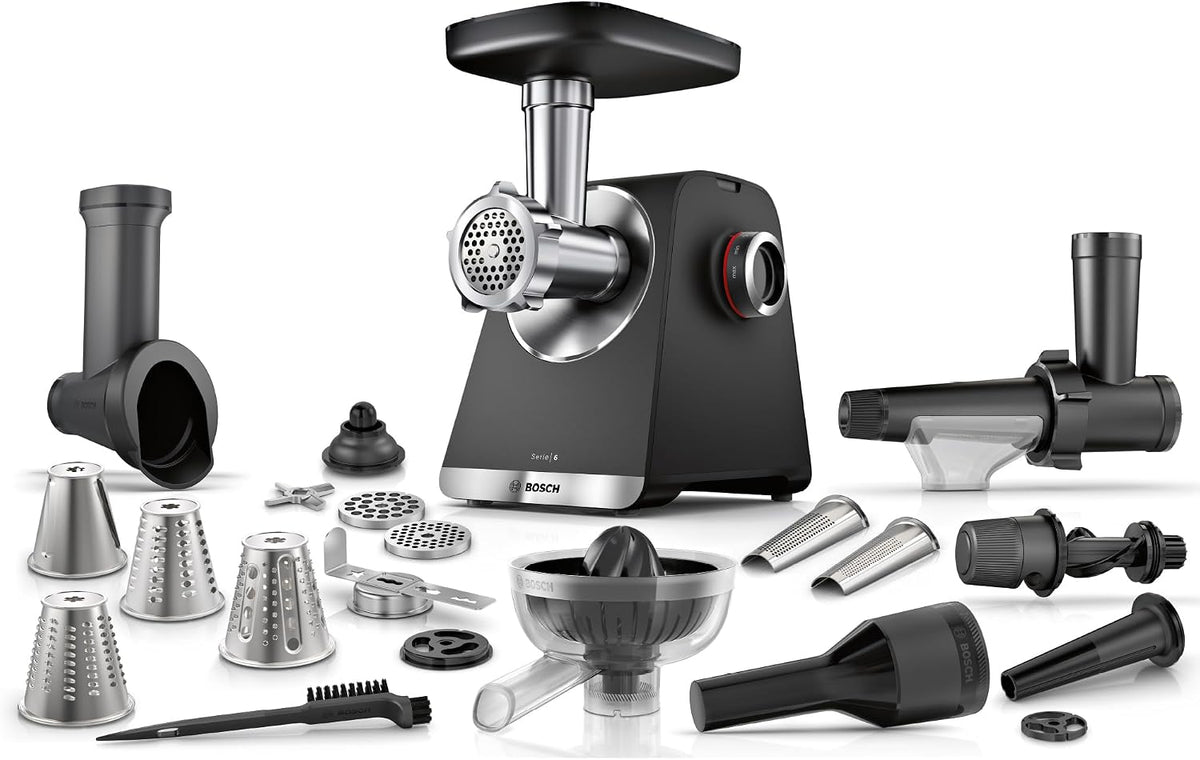Bosch Fleischwölfe, 2.100 W, 8 mm, Schwarz, MultiPower Serie 6 Fleischwolf MFWS682B, Reibe-, Kebbe- und Wurst-Aufsatz