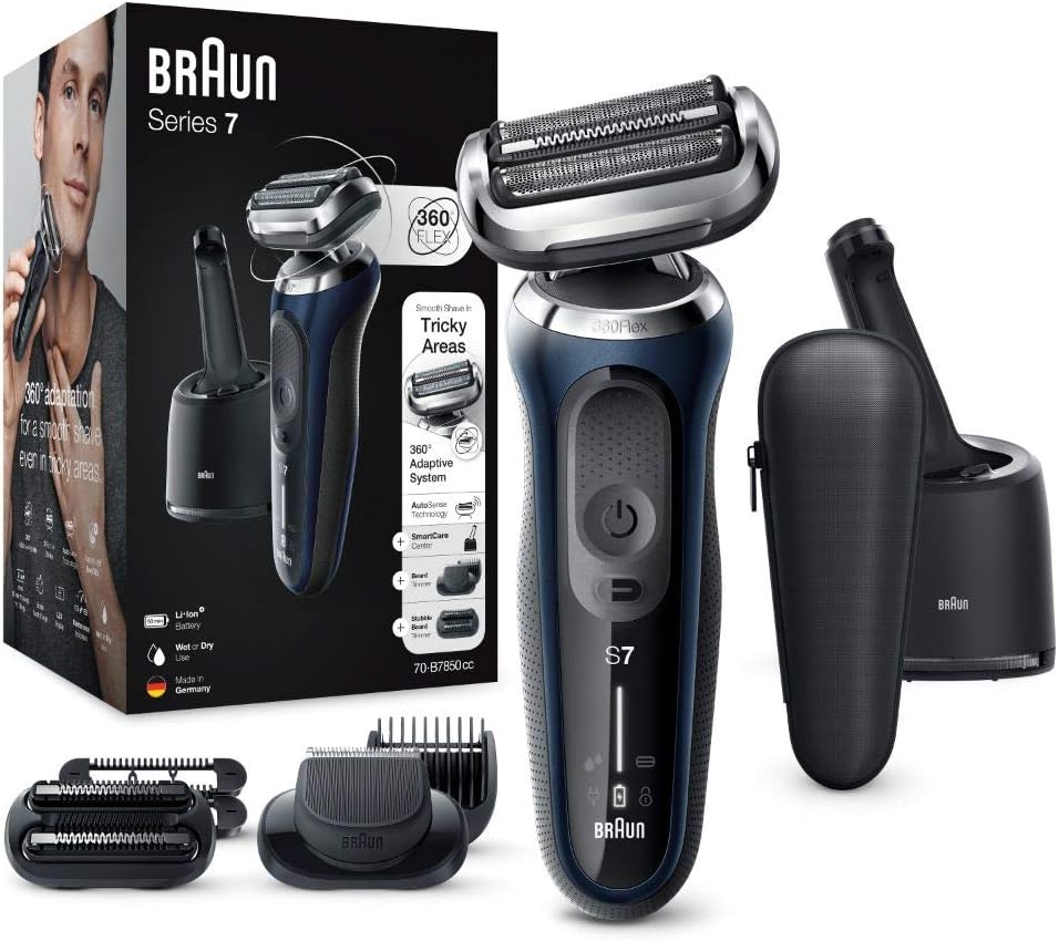 Braun Elektrorasierer, Braun/Blau, Series 7 Rasierer Herren mit 360° Anpassung, & Barttrimmer, 3-Tage-Bart-Trimmer