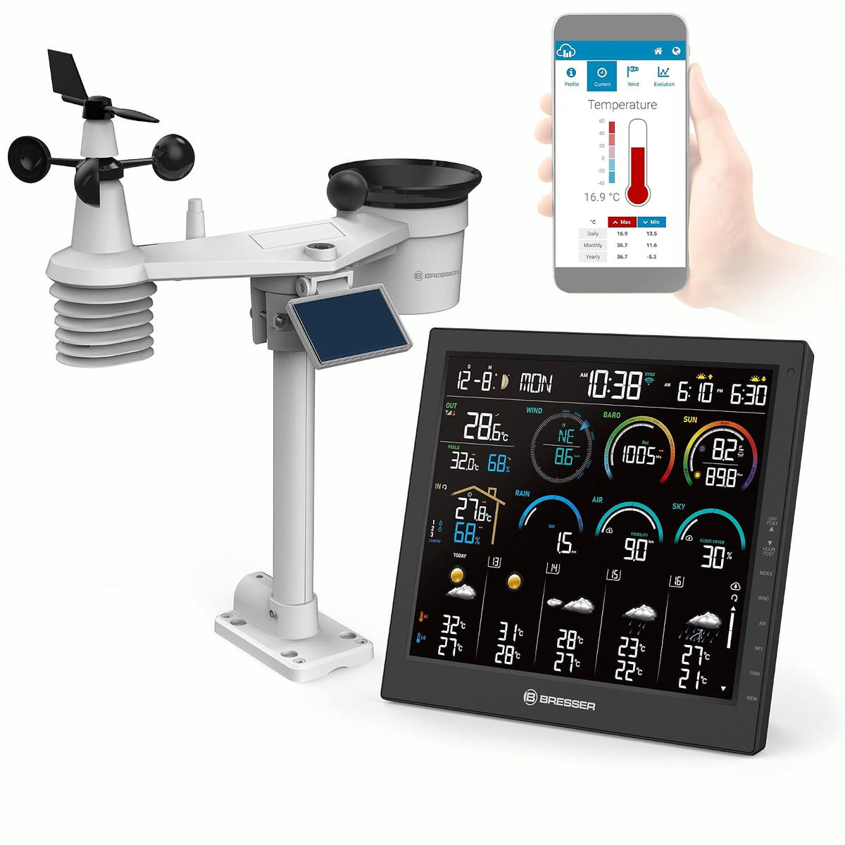 Bresser Wetterstationen, Schwarz, 4CAST Profi WLAN Wetterstation Funk mit 8 in 1 Außensensor
