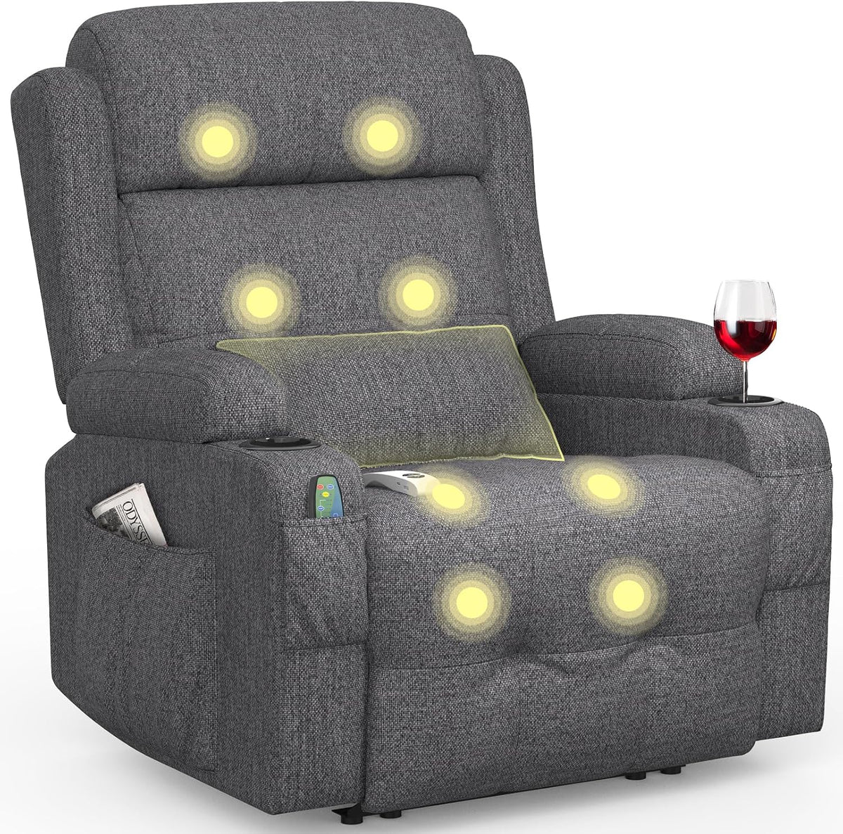 BareTay Relaxsessel, Grau, Fernsehsessel Elektrisch Verstellbar Massagesessel mit, 2 Getränkehalter, 4 Seitentaschen