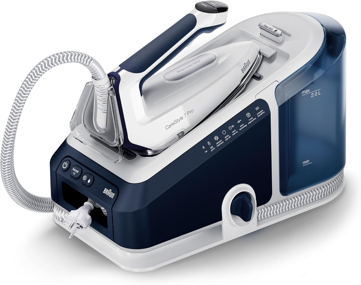 Braun Dampfglätter, 2 L, Braun/Blau/Weiß, CareStyle 7 Pro Dampfbügelstation IS 7282 BL, Dampfbügeleisen mit FreeGlide 3D Bügelsohle