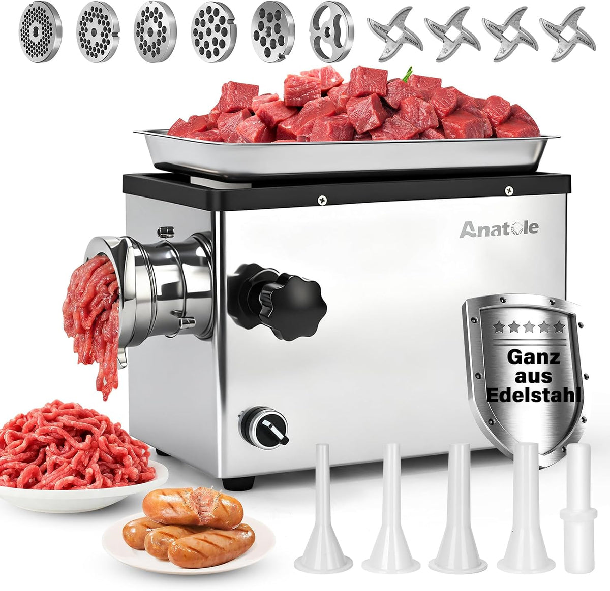Anatole Fleischwölfe, 1300 W, Silber, Fleischwolf Elektrisch Edelstahl Integral Wurstmaschine