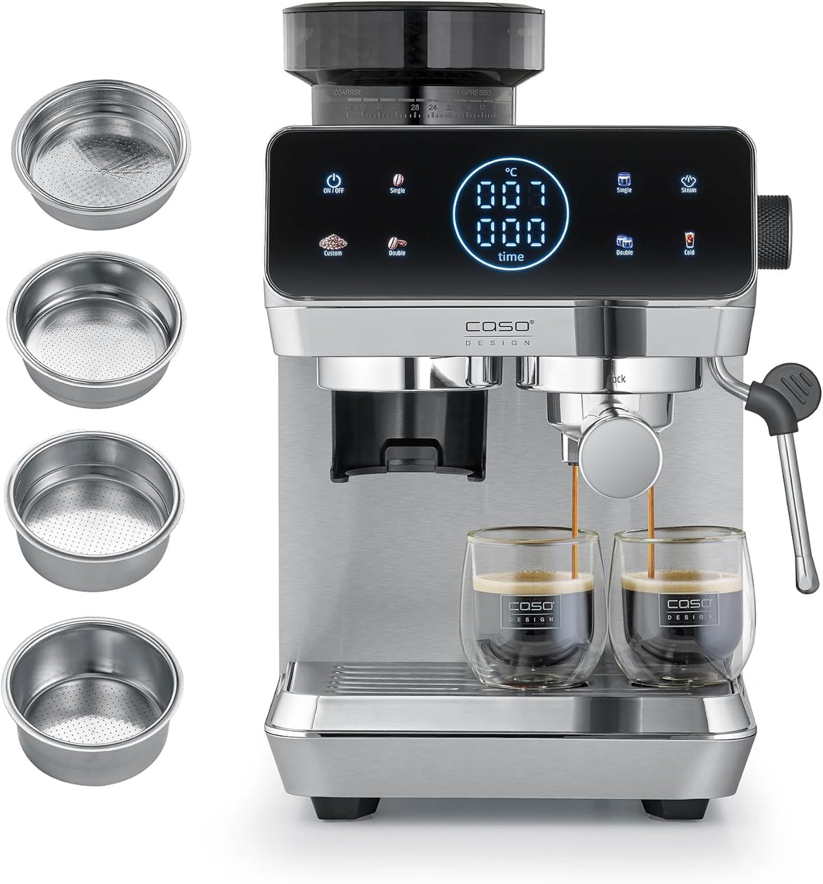 Caso Kaffeemaschine, 20 Bar, 1,8 l, Silber, EspressoGourmet & Grind Siebträgermaschine Edelstahl mit, Ulka Pumpe