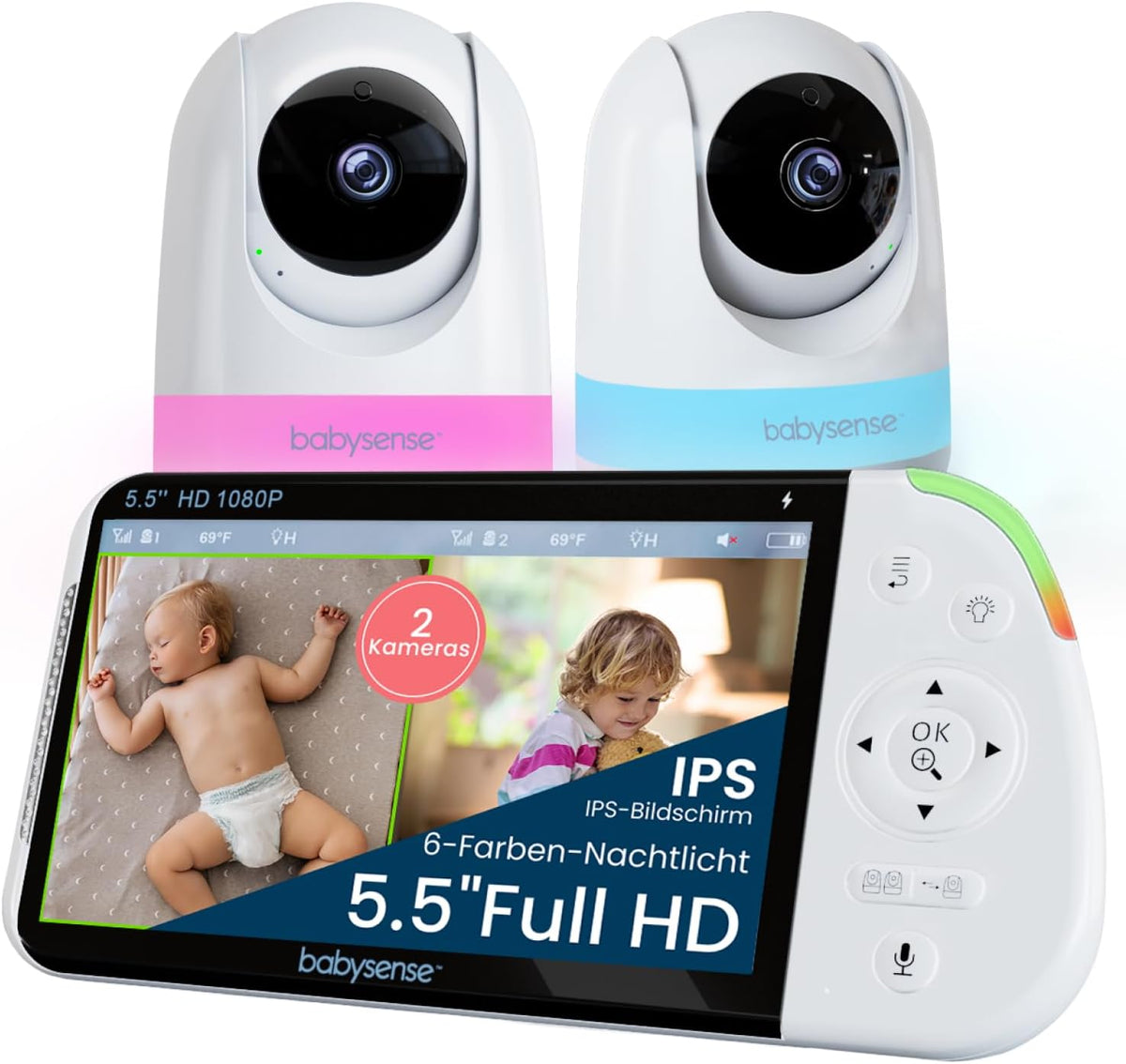 Babysense Kamera, Schwarz, Full HD Split-Screen-Babyphone mit 2 s, Nachtlicht in 6 Farben, Geräusch- & Lichtmaschine