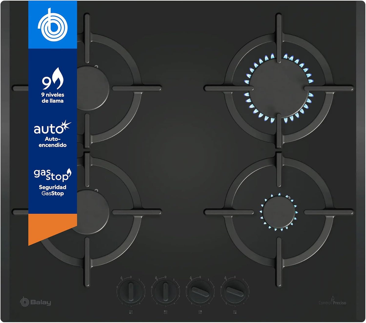 Balay Electrodomésticos Kochfeld, 60 cm, Schwarz, 3ETG663RB Gas, breit, 3 Kochzonen, abnehmbare Griffe, Flammenkontrolle