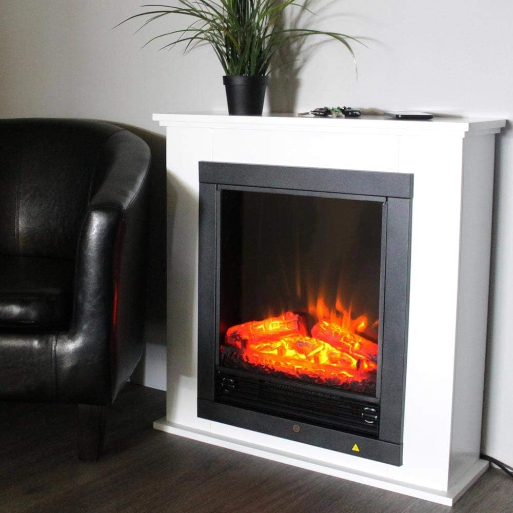 BAKAJI Elektrokamin, 800 W, Braun, mit Holzrahmen, Kamin, komplett mit Mobil, leises Retro-Design, Einbau-Wandofen (Geneva)