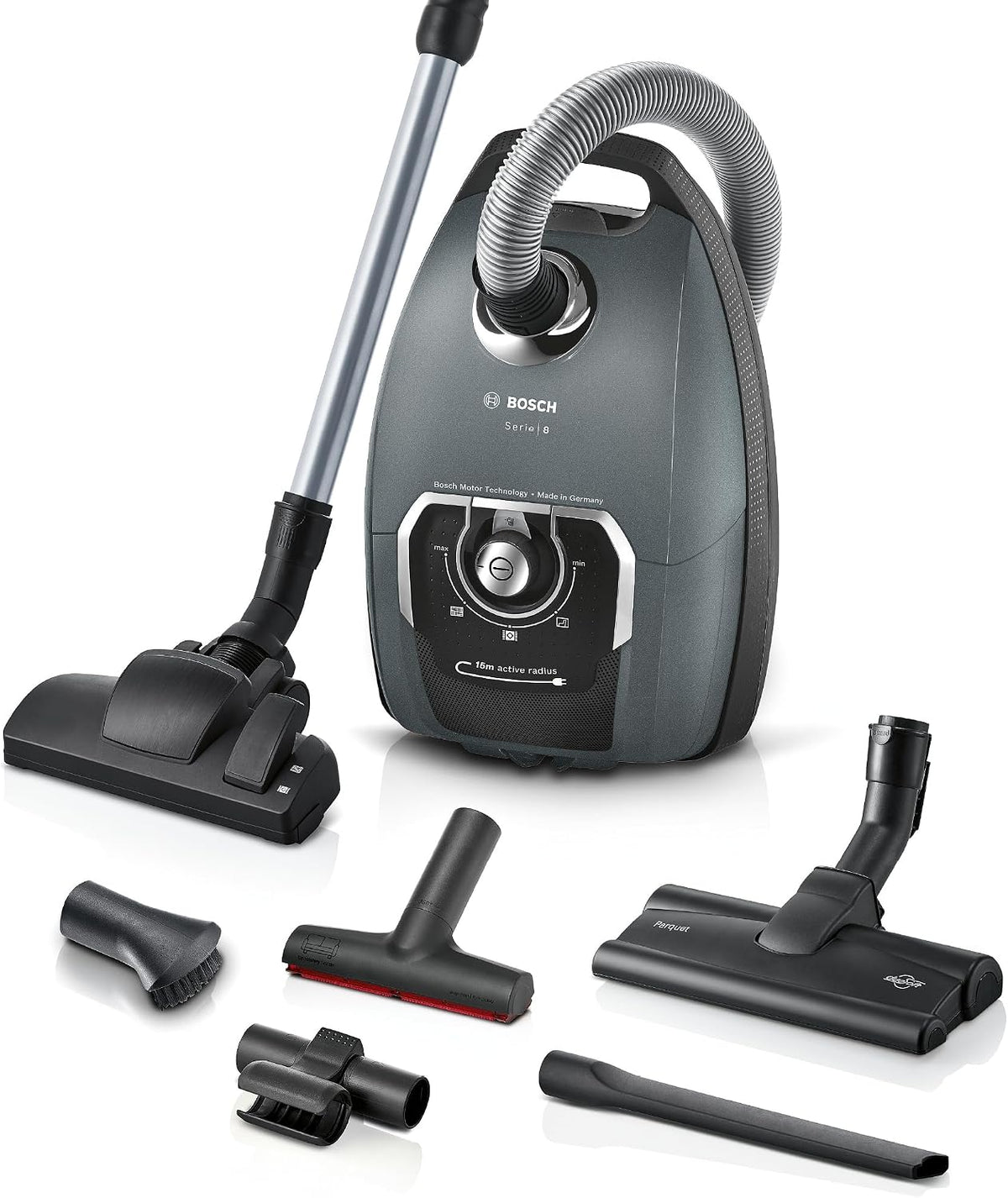 Bosch Staubsauger, Grau, mit Beutel Serie 8, für Allergiker, Hygiene-Filter, 10 J. Motorgarantie, Hartbodendüse
