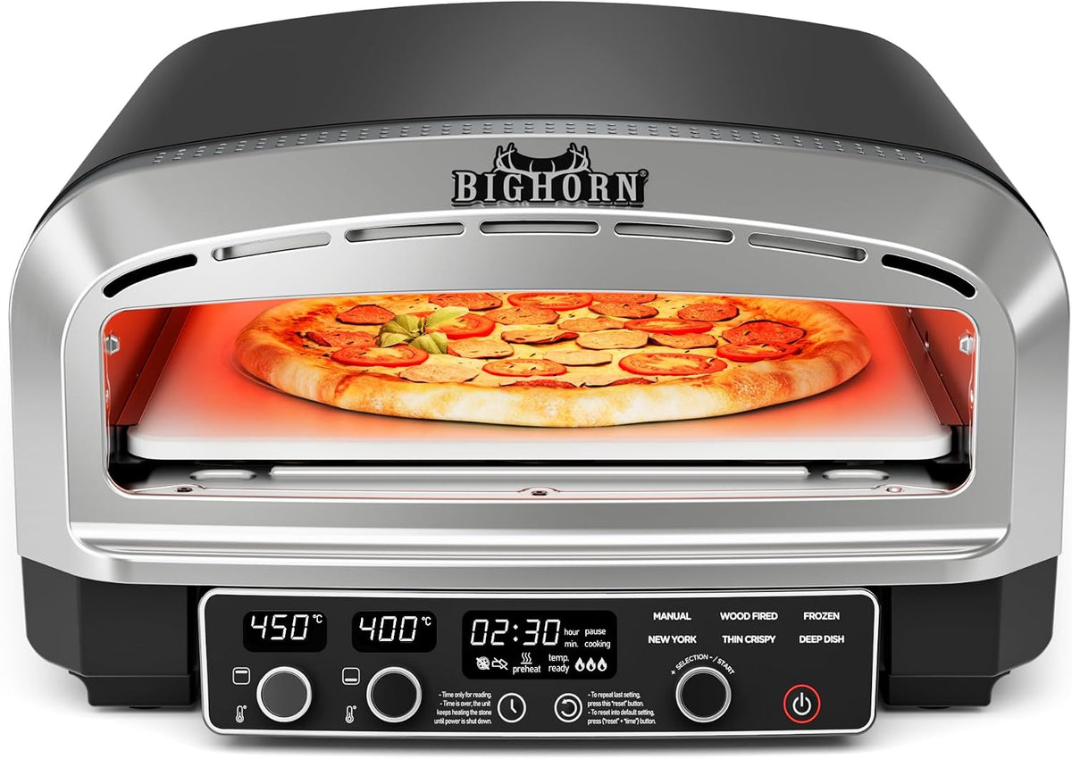 BIG HORN Pizzaofen, 2200 W, 35 cm, Schwarz, OUTDOORS Elektrischer für den Innenbereich, 450 °C, für Pizza bis, 6 Programme