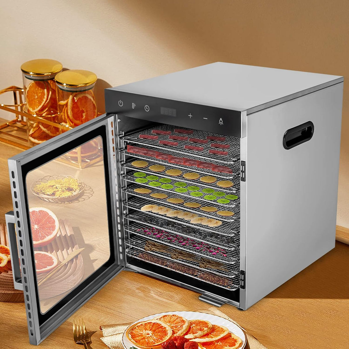 Caskunbsy Wäschetrockner, 800 W, Silber, 10 Edelstahlgitter Gemüse Trockner, Dörrautomaten freeze dryer gefriertrockner