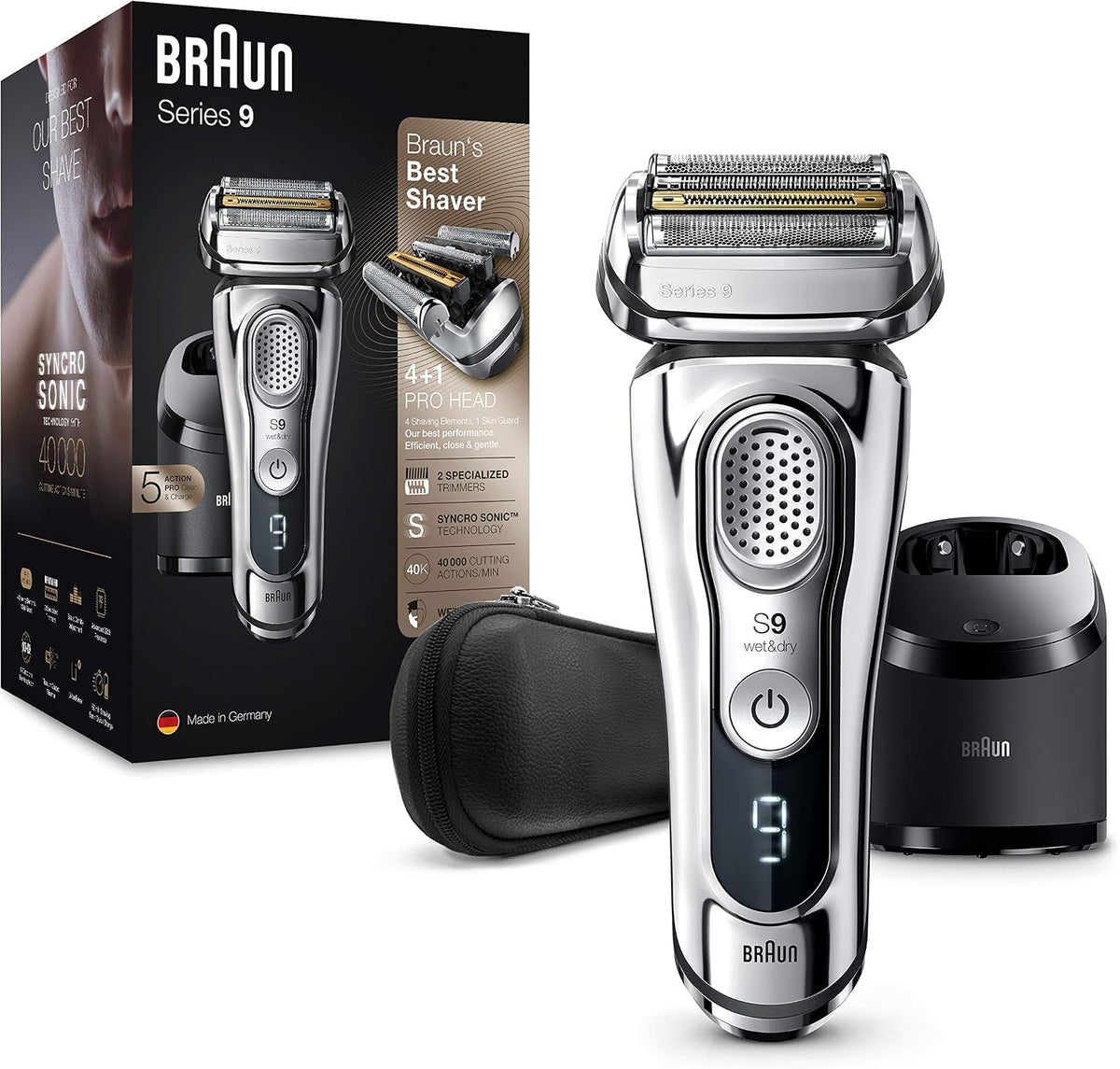 Braun Elektrorasierer, Braun, Series 9 9395cc für Herren, verbesserte Reinigungs- und Ladestation, Ledertasche