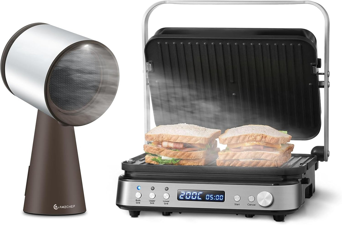 AMZCHEF Dunstabzugshaube, Schwarz/Silber, Kontaktgrill & Mobile